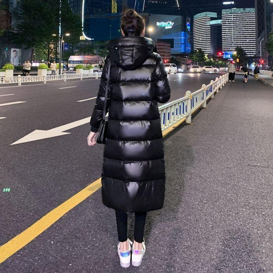 Winter Fashion Padded Jacket Women's Mid-length Over-the-knee Shiny Face-free Hooded Trendy Thick Bread Clothes