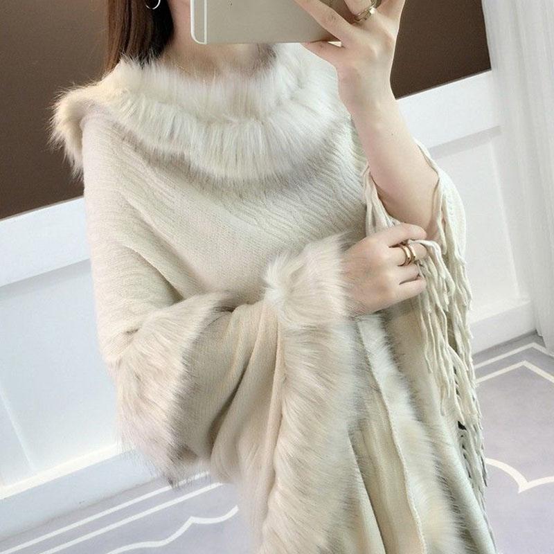 Autumn and Winter Imitation Fox Fur Cloak Shawl Bat Shirt Female Fur Collar Coat Plus Size Tassel Mid-length Sweater Coat