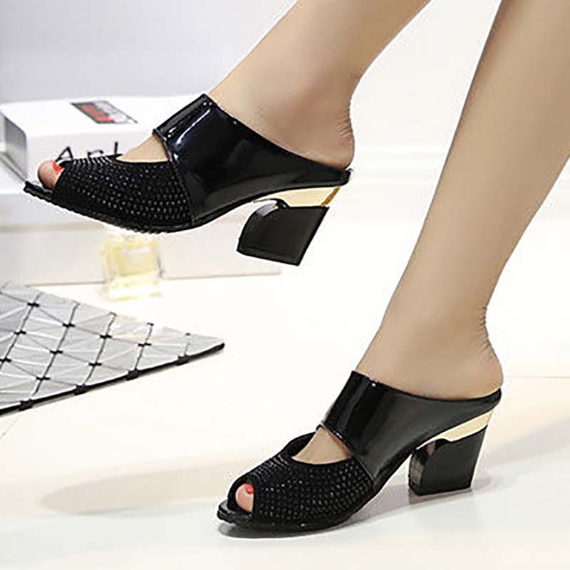 High Heel Slippers Women Summer Mid-heel Fish Mouth Slippers Thick Heel Sandals Patent Leather Rhinestone Women Sandals