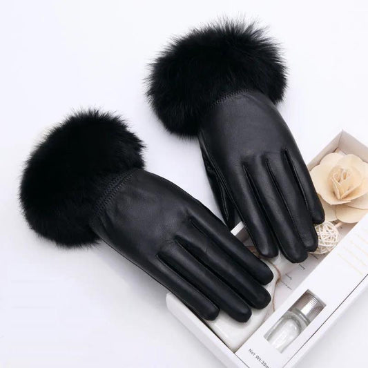 Women's Leather Gloves Rabbit Fur Fur Mouth Fashion Sheepskin Gloves Pure Leather Gloves