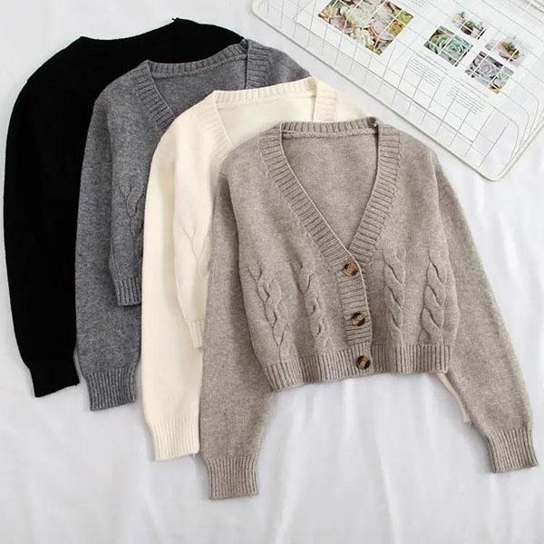 Women Short Cardigan Knitted Sweater Autumn Winter Long Sleeve V-neck Jumper Cardigans Casual Buttons Female Coat