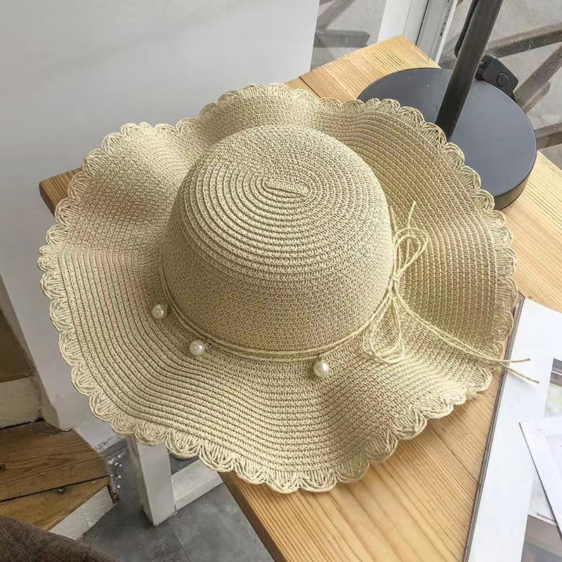 Women's Summer Pearl Wavy Straw Cap Wide Brim Hat Sunscreen Sun Hat Anti-ultraviolet Sun Cap Large Edge Beach Hat