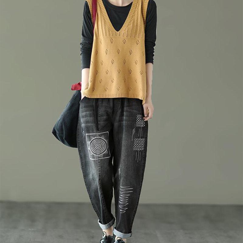 Literature and Art Retro Sweet Wind Hollow Knitted Woolen Waistcoat V-neck Pullover Ladies Sleeveless Waistcoat Jacket