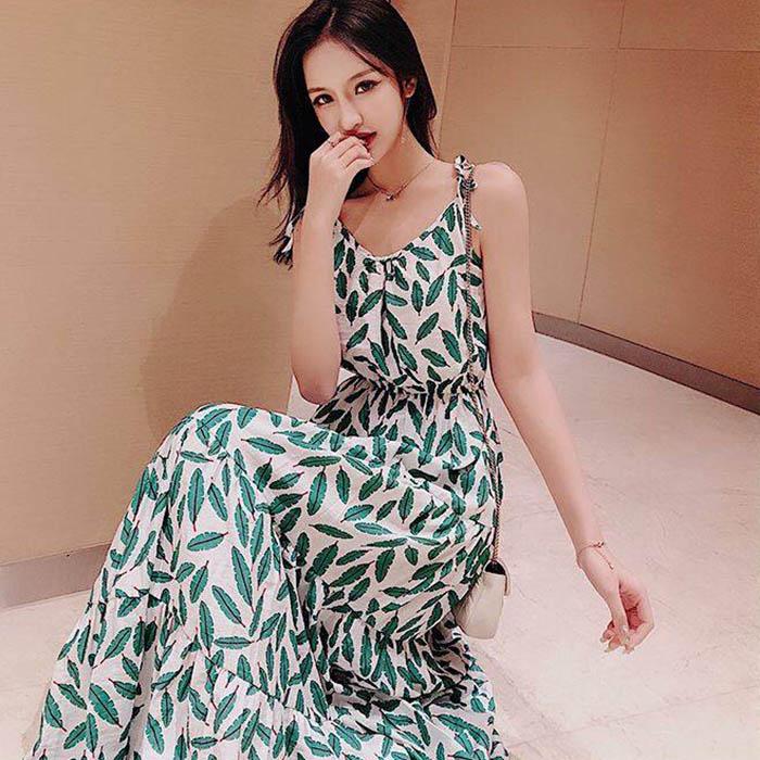 Pofulove S-2XL Women Printed Chiffon Sling Dress Slim A-line Sun-dresses Long Bohemian Beach Dresses