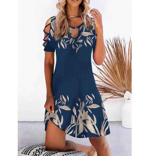 Ladies Floral Print Dress Summer Sexy Cutout Short Sleeve O Neck Vintage Elegant Party Dress