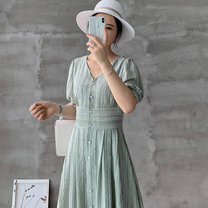 Pofulove Women Vintage V-neck Button Chiffon Dress Slim Fit Short Sleeve Sexy Dress Long Dresses