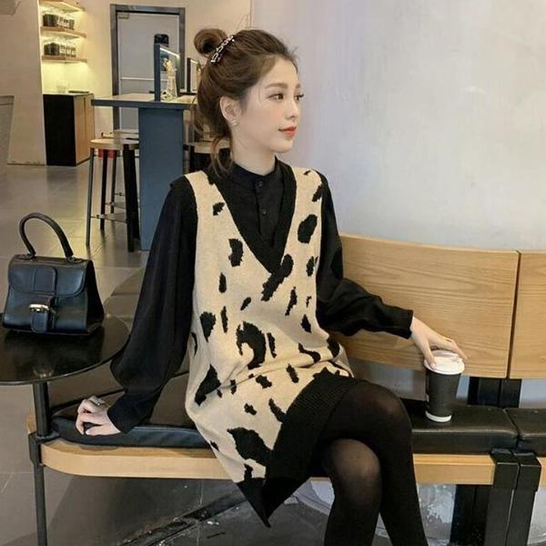 Inner Sleeveless Leopard Sweater Women Loose Knit Mid-length Vest V-neck Casual Soft Waistcoat