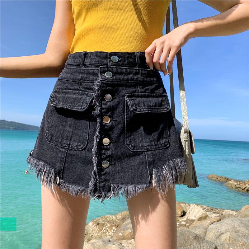 WTEMPO Oversized Denim Shorts Female High-waisted Edging Students Fake Two-piece Wide-leg Pants Women