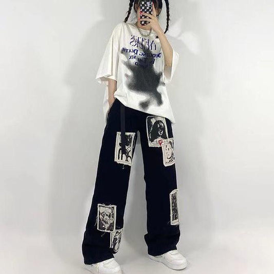 Grunge Patchwork Black Jeans Women Hip Hop Trousers Streetwear 90s Print Pants