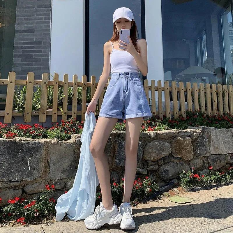 Summer Denim Shorts Women's Loose High Waist Was Thin, Wild Wide-leg Curled A-line Version Type Denim Ladies Shorts with Waist Was Thin