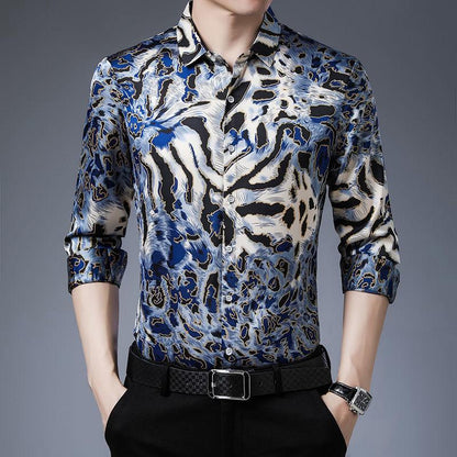 High-end Printed Mulberry Silk Men's Shirt Loose Business Casual Long-sleeved Handsome Shirt