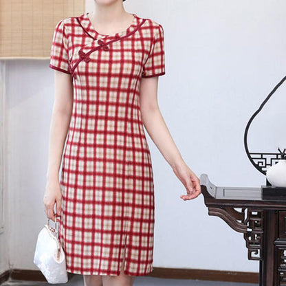 Improved Cheongsam Dress Mom Summer Short-sleeved Plaid Skirt Slim Slimming Retro Hip Skirt