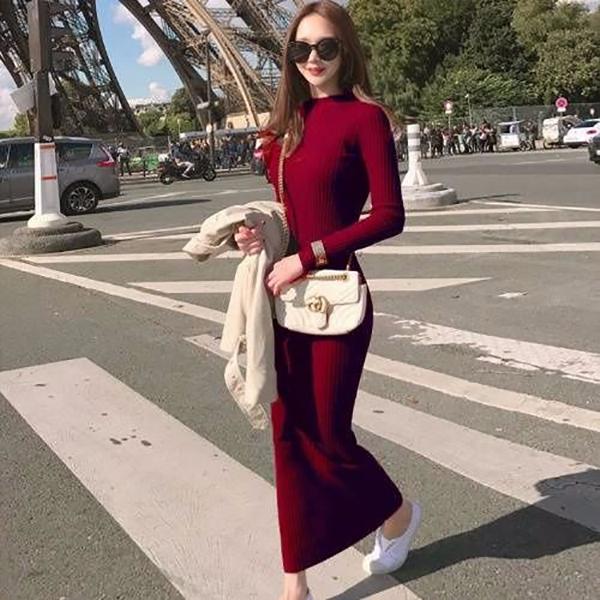 Autumn and Winter Fashion Super Long Women's Sweater Dress Over-the-knee Base Knitted Long V-neck Slim Dress