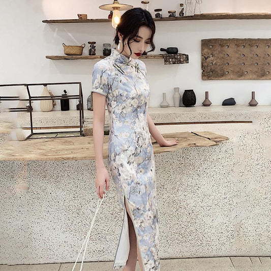 Cheongsam Summer Short-sleeved Chinese Style Retro Improved Long Daily Dress Retro Style Cheongsam Slim and Elegant Temperament