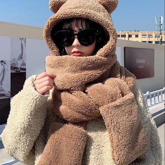 Women's Bear Ears Hat Scarf Gloves Set One-piece All-match Cute Plush Winter Scarf Hooded Cap Riding Windproof Warm Hat Face Ear Protection Hat