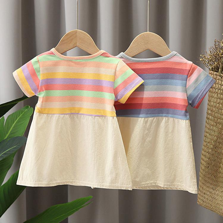 Children Dress Spring Summer O-neck Kids Clothing  Baby Girls Clothing Printing Short Sleeve Fake Two Dress Girl