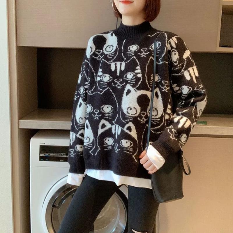 Autumn Winter  Women Fashion Sweater Casual Knitting Sweater Print Round Neck Pullovers Loose Casual Long Sleeve Sweater