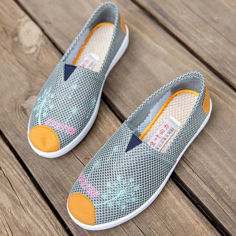 Breathable Net Shoes Women's Low-top Breathable Women's Single Shoes Flat Bottom One-step Embroidered Shoes Ladies Soft Bottom Wear-resistant Leisure