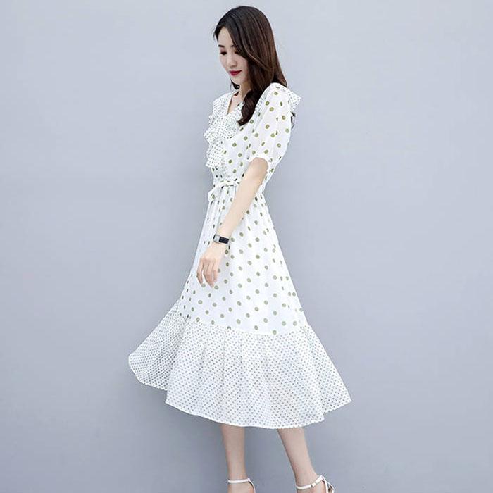 Women Chiffon Polka Dot Dress Slim Short Sleeve V-Neck A-line Vacation Beach Sun-dresses