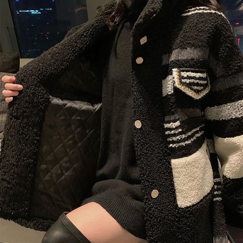 Fashion Black and White Lamb Hair Small Fragrant Wind Women's Jacket Mid-length Thick Lamb Wool Plush Jacket