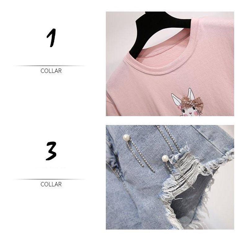 Fashion Women's Denim Shorts Set Summer T-Shirt Ripped Shorts Two-Pieces Sets Loose T-shirt Set