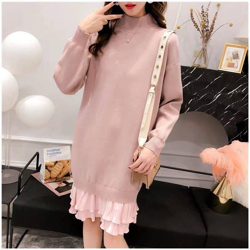 Pofulove Women Solid Color Sweater Dress Long Section Turtleneck Ruffles Lace Knitted Skirt Pullover