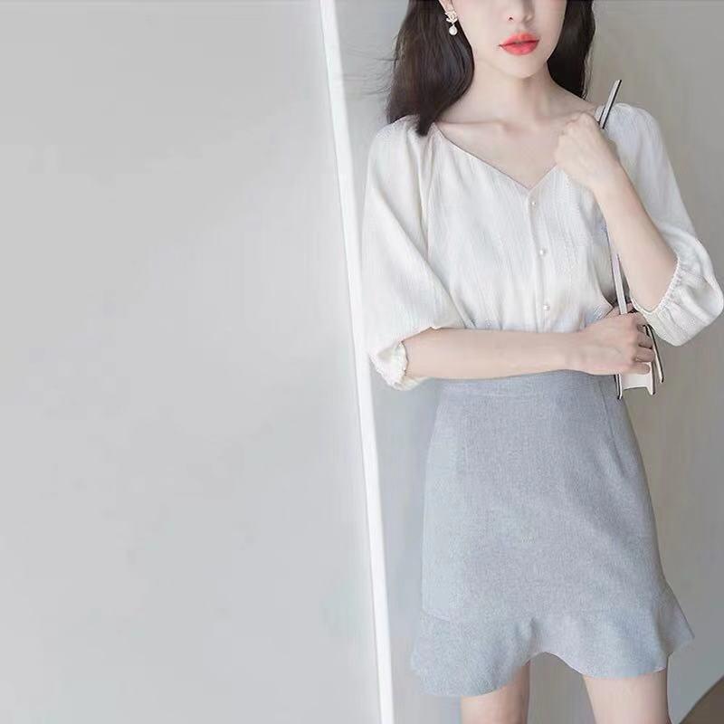 Pofulove Summer Skirt Suit Half-sleeve Shirt Mermaid Skirt Two-piece Women Skirt Set Ruffled Skirt