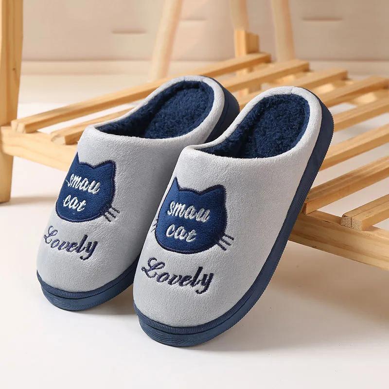 Women Slippers Pink Cute Cat Thick Fleece Warm Home Indoor Couples Plus Size Cotton Shoes Men Blue Slippers Non Slip