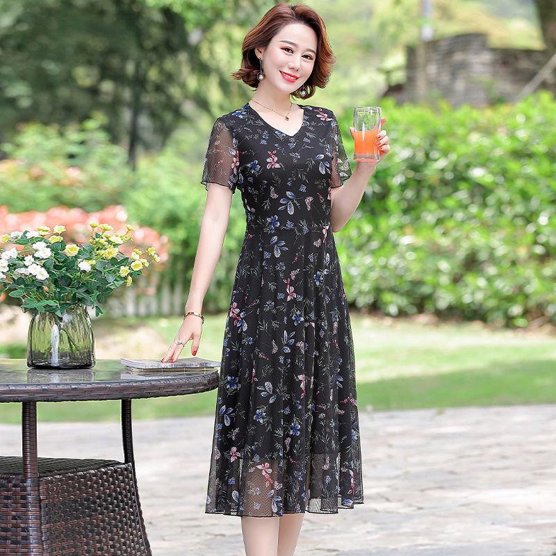 Summer Chiffon Mid-length Plus Size Printed Floral Over-the-knee Dress V-Neck Short Sleeve Elastic Waist