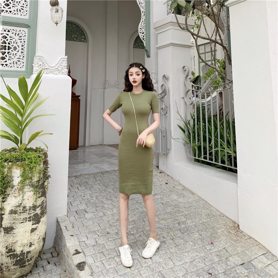 Simple and Elegant Vintage Dress Female Slim and Versatile Medium Long Short Sleeve Buttock A-line Dress