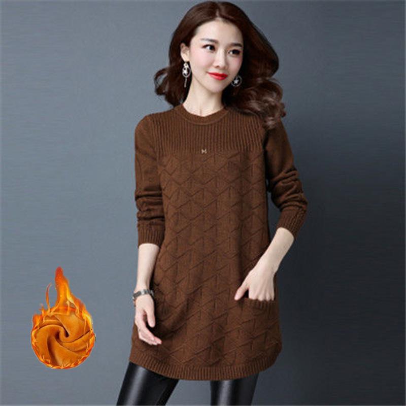 Thick and Velvet Mid-length Sweater Women's Low Round Neck Spring and Autumn Large Size Pullover Loose Knit Bottoming Sweater Sweater Skirt