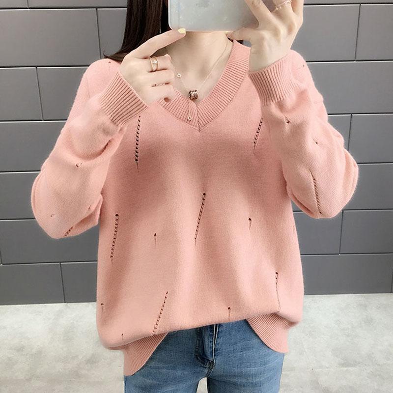 Spring and Autumn Loose V-neck Sweater Solid Color Hollow Top Long Sleeve All-match Female Top