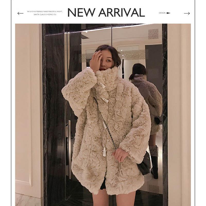 Lamb Fur Coat Female Autumn and Winter Long Horn Buckle Imitation Rex Rabbit Plush Coat