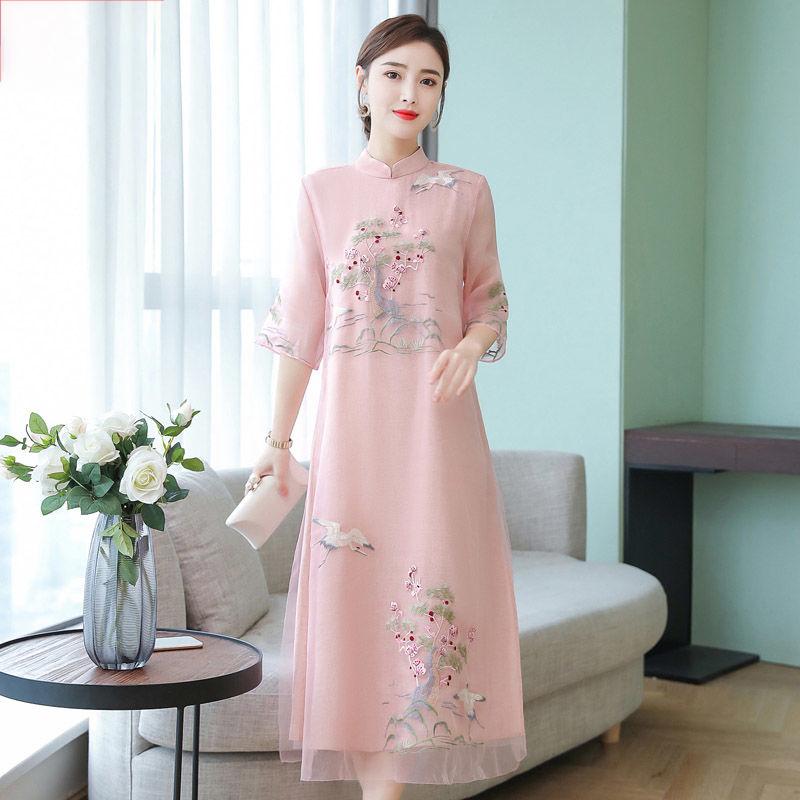 Chiffon  Cheongsam M-XXXXL Plus Size Chinese Style Summer Dress Knee-length Printed Over-the-knee Skirt