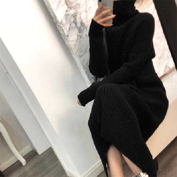 High collar long sweater female autumn and winter loose thick sweater skirt was thin sweater skirt