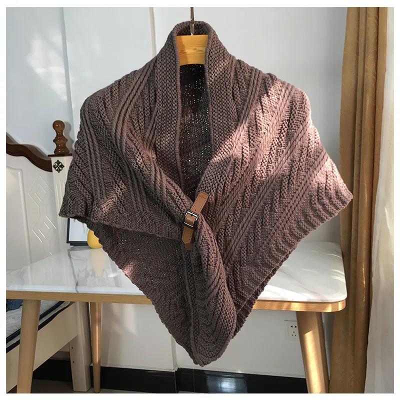 Women's Autumn Winter Knitted Leather Buckle Shawl Scarf Triangle Cloak Keep Warm All-match Solid Color Crochet Dual-use Shawl Scarf