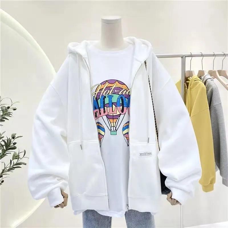 Sweater Women's Spring and Autumn 2021 Leisure All-match Pocket Solid Color Zipper Cardigan Hooded Long-sleeved Jacket