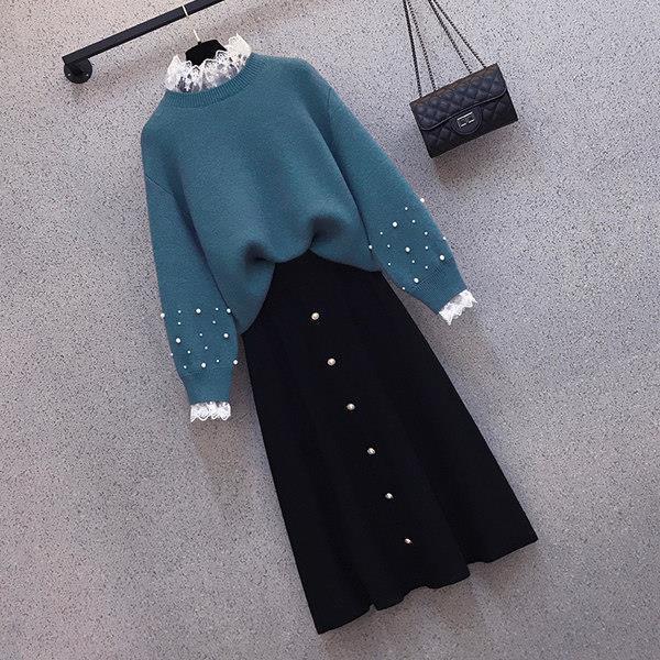 2pcs/set Plus Size Knitted Skirt Sets Women Fall/winter Beaded Lace Stitching Pullover Sweater and Knitted Skirt Two-piece Set Female Outfits