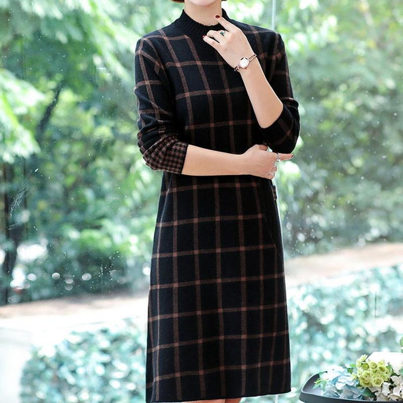 Autumn and Winter Half High Neck Knitted Dress Mid-length Casual Slimming Bottoming Skirt Checkered Pattern Middle-aged Women Sweater Dress