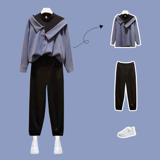 L-4XL Summer Women Pullover Long Sleeve Shirt+long Pants 2pcs Office Lady Stitching Shirt Black Casual Trousers Suits