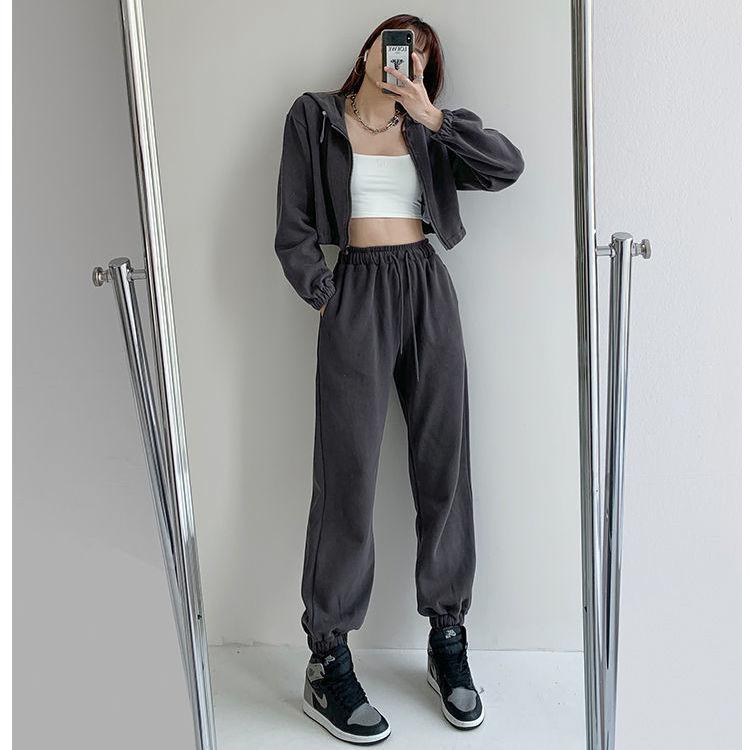 Sports Waffle Suit Women's Loose Casual High Waist  Blue Wide Leg Sweatpants Spring and Autumn Tide Two-piece Suit