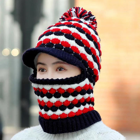 Winter Women's Knitted Hat and Bib One-piece Plus Velvet Warm Knitted Hat Cycling Windproof Neck Cover One-piece Hat