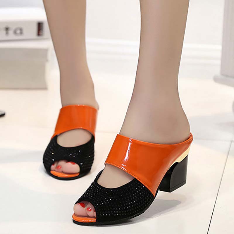 High Heel Slippers Women Summer Mid-heel Fish Mouth Slippers Thick Heel Sandals Patent Leather Rhinestone Women Sandals