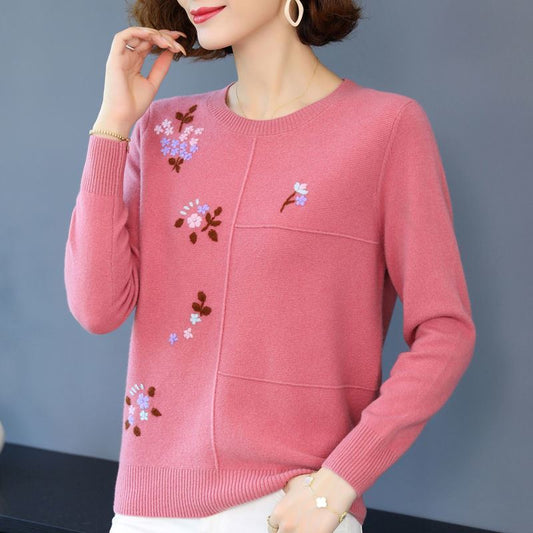 Embroidered Knitted Bottoming Sweater Autumn Winter Middle-aged Ladies Loose Short Sweater Pullover Tops