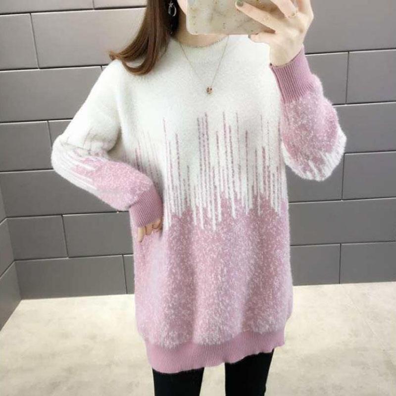 Women's Mohair Sweaters Thick Pullover Knitwear Gradient Color Round Neck Fuzzy Sweater