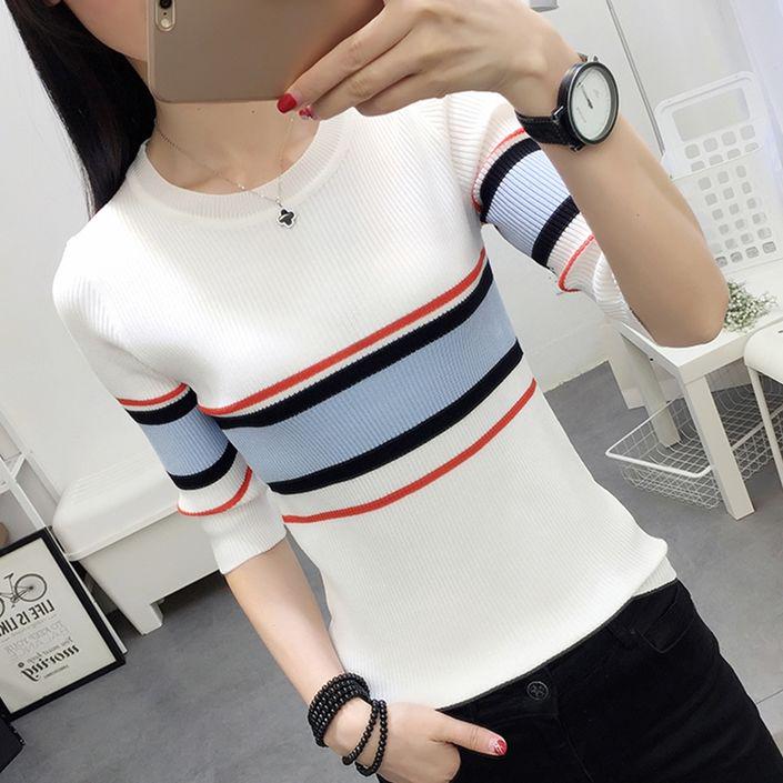 Women's autumn round neck sleeves fashion striped bottoming shirt long-sleeved sweater sweater