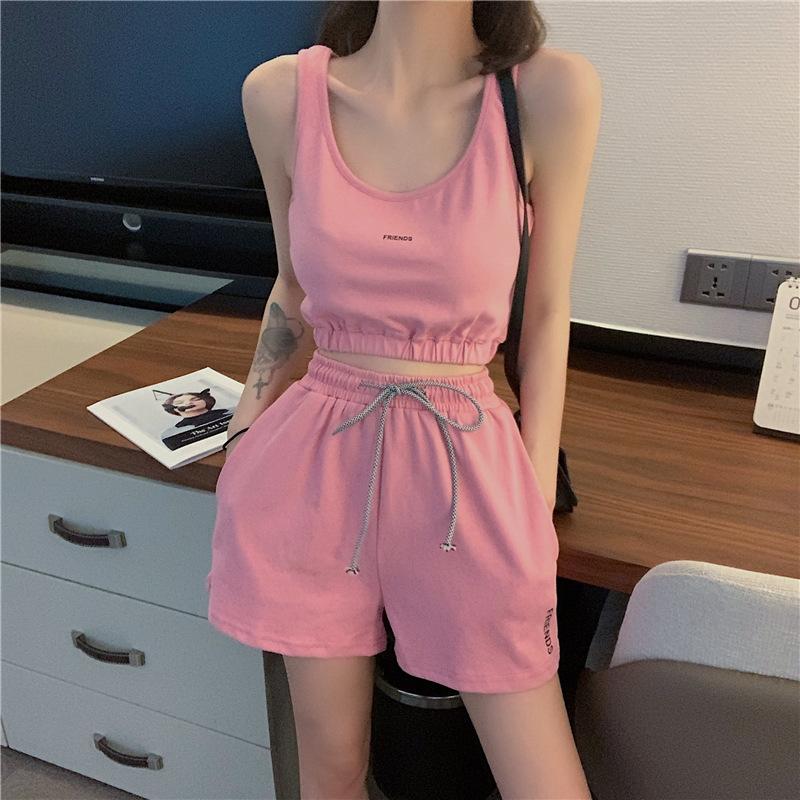 2PCS Summer Women's Sports Suit Vest T-shirt + Loose Drawstring Shorts Two-piece Set Fitness Running Jogging Suit Casual Workout Clothes Set