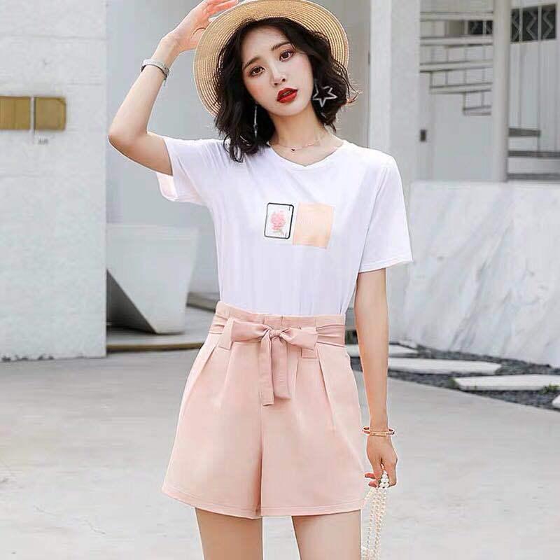 Pofulove Female Shorts Set Print Short Sleeve T-Shirt Wide Leg Shorts Two Piece Set Summer Outfits