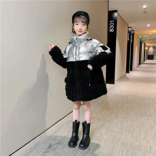 Girls' Thick and Velvet Warm Cotton Coat Winter Down and Windproof Cotton Jacket Girls Mid-length Padded Jacket