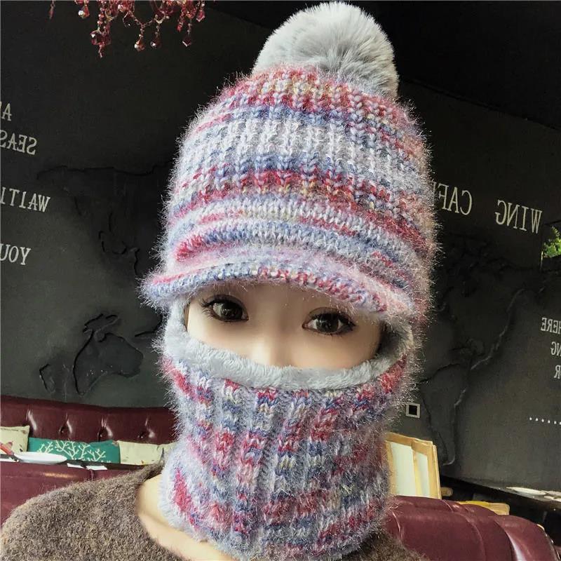 Women's Hat Bib One Piece Autumn and Winter Plus Velvet Knit Hat Cycling Windproof Warm Fur Ball Hooded Cap Neck Sleeve Woolen Scarf Cap Set